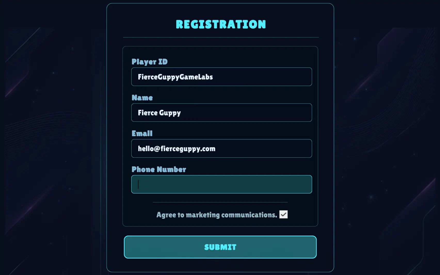 Falling Fetch lead capture registration screen